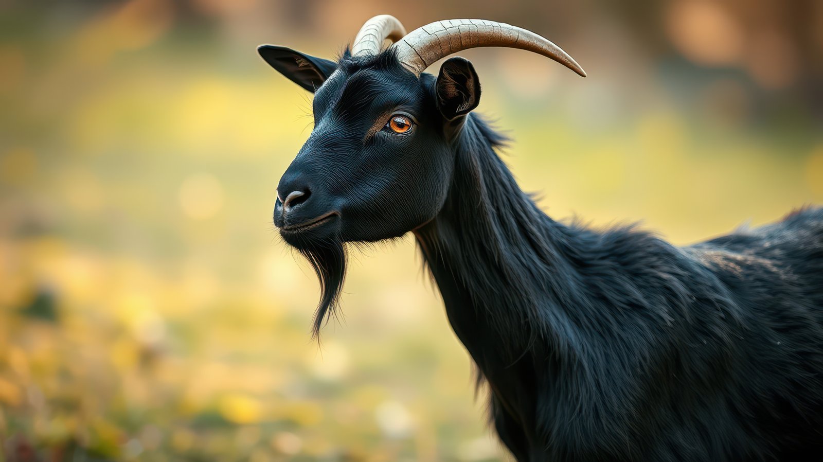 Black goat stands majestically in a sunlit meadow surrounded by soft grass and warm light during the golden hour